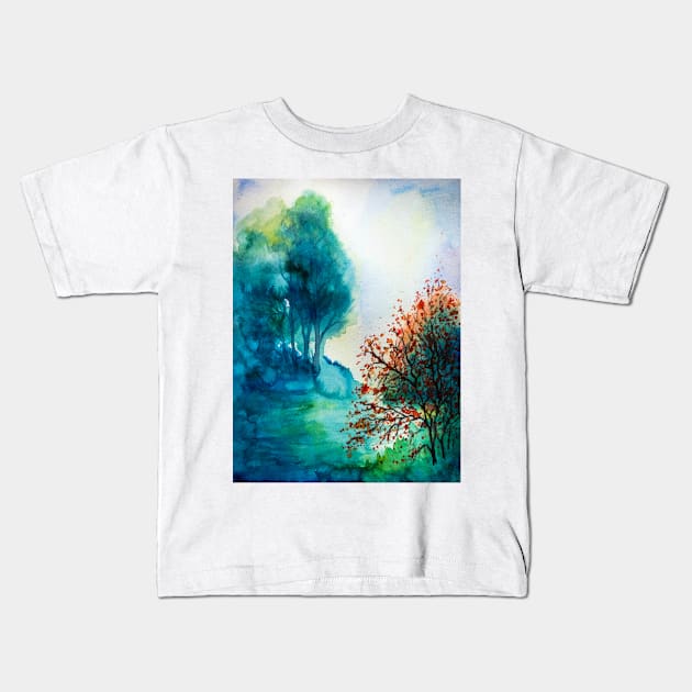 Watercolor autumn landscape 1 Kids T-Shirt by redwitchart